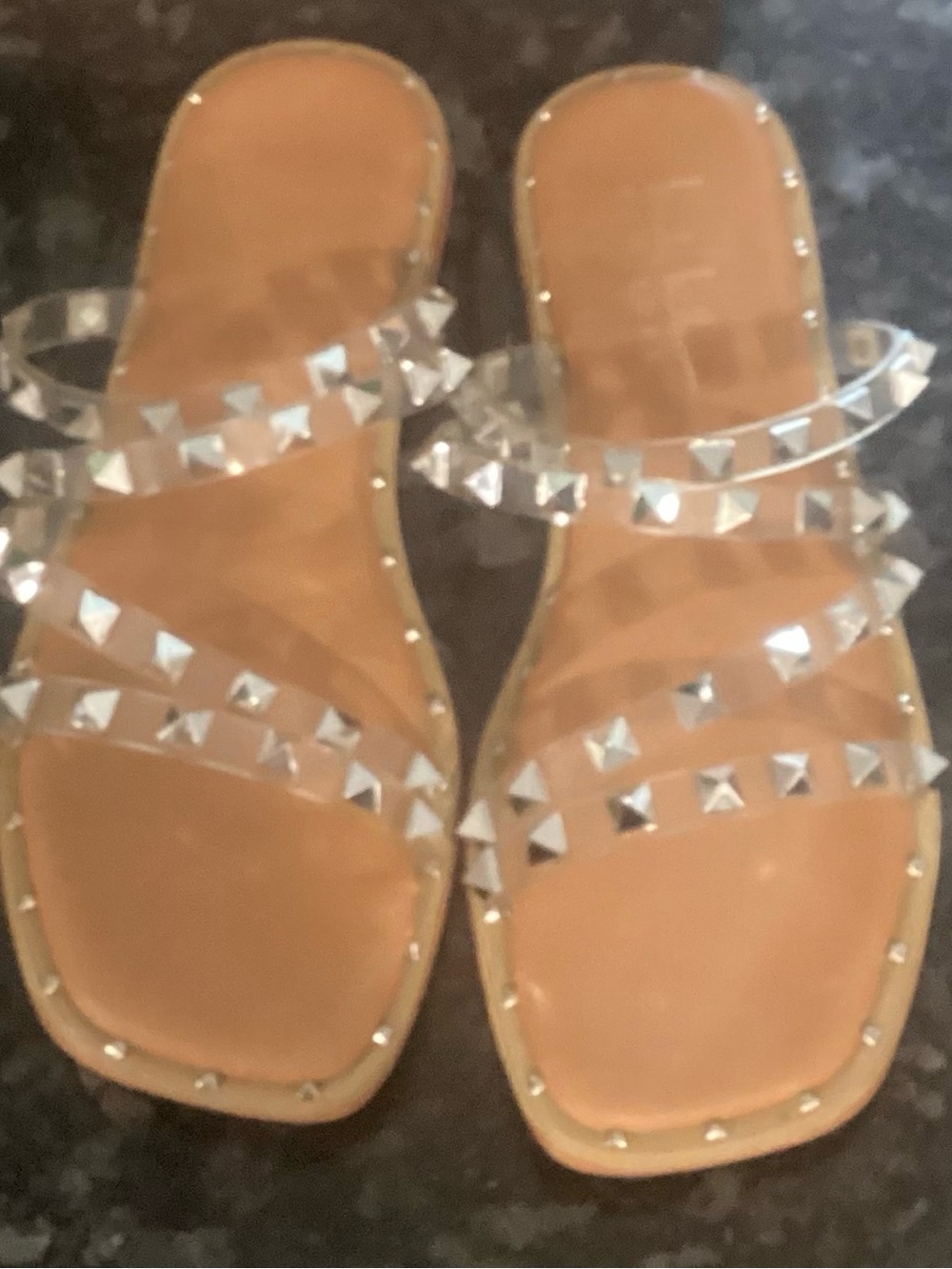 Nicole Miller Clear Studded Strap Tan Slide Sandals